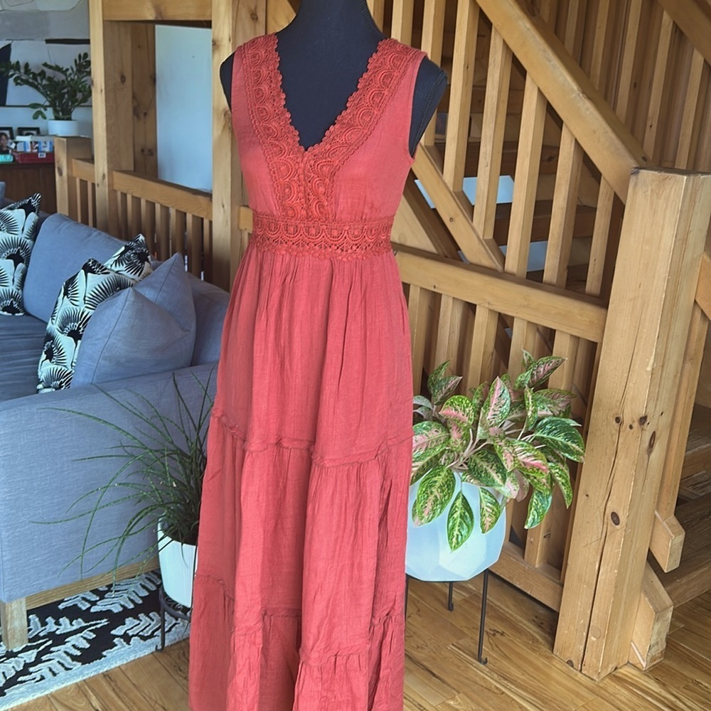 Rebellion Coral Red Maxi Dress with Lace V-Neck